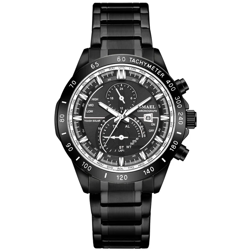 SMAEL Luxury Men Watches Gold Tone Stainless Steel Expansion Band Fashion Chronograph Quartz Watch Men Sport Wristwatch - Цвет: Черный