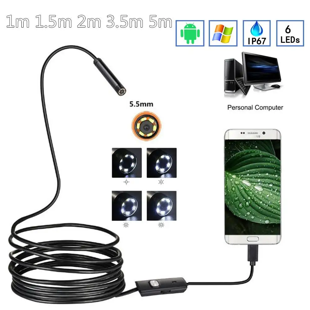 

5.5mm/7mm Endoscope Camera HD USB Endoscope With 6 LED 1/1.5/2/3.5/5M Soft Cable Waterproof Inspection Borescope for Android PC