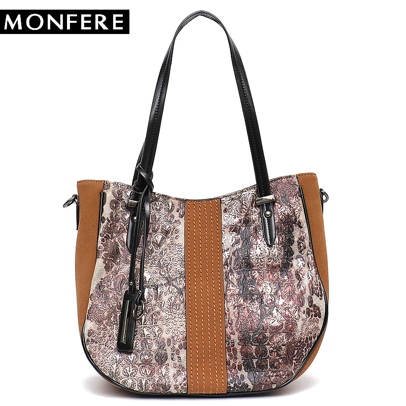 

MONFERE Big Women Tote Shoulder Bag Fashion Girl Top-Handle Zip Pattern Trim Handbag Female Casual Vegan Leather Messenger Bags