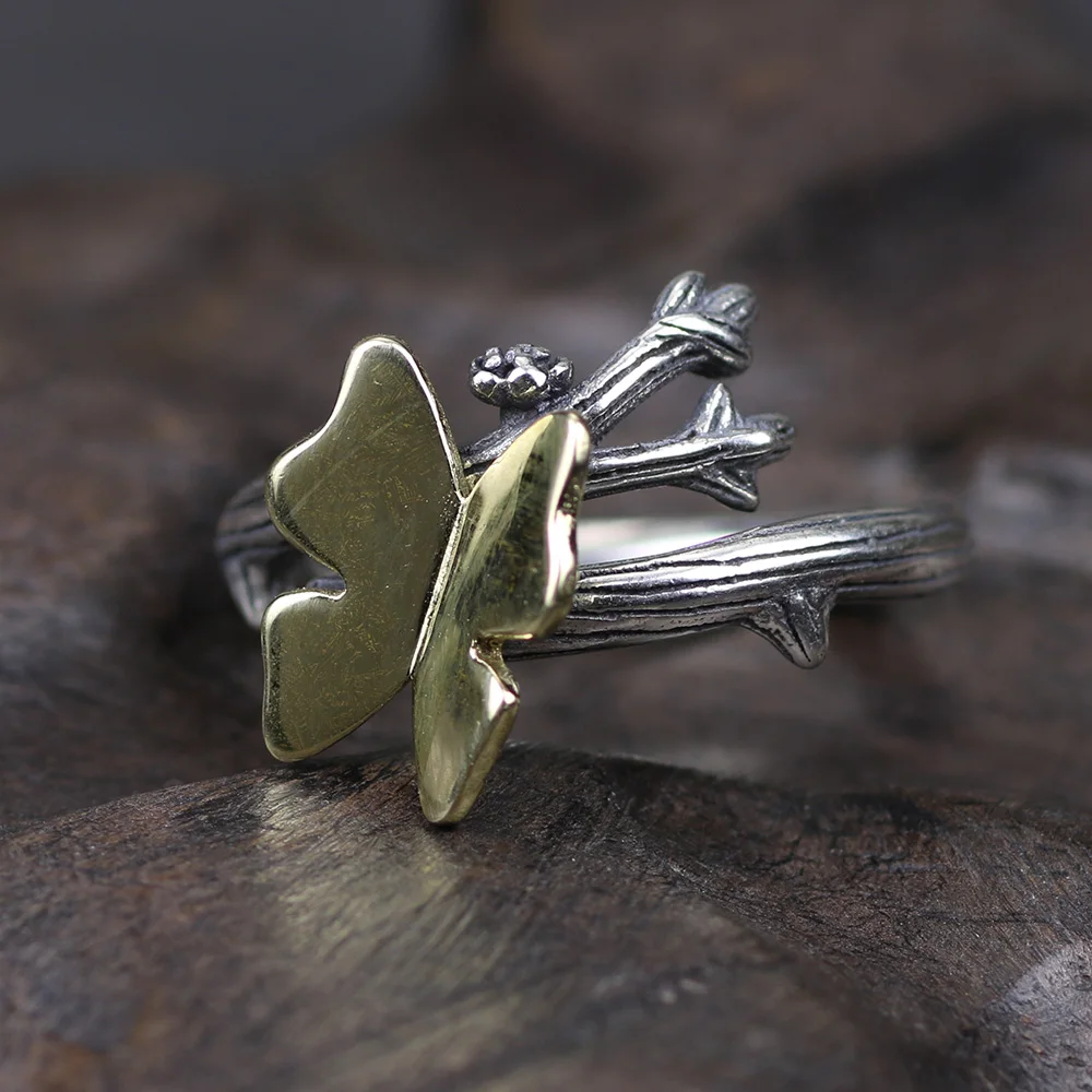 

Real Pure 925 Sterling Silver Rings For Women Butterfly On Tree Branch Adjustable Rings Vintage Creative Jewelry Girls Lady