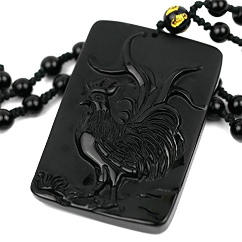 

Natural Black Obsidian Stone Carved Cock Zodiac Chicken Pendant Women Men's Amulet Lucky Jades Jewelry Pendants+Beads Necklace