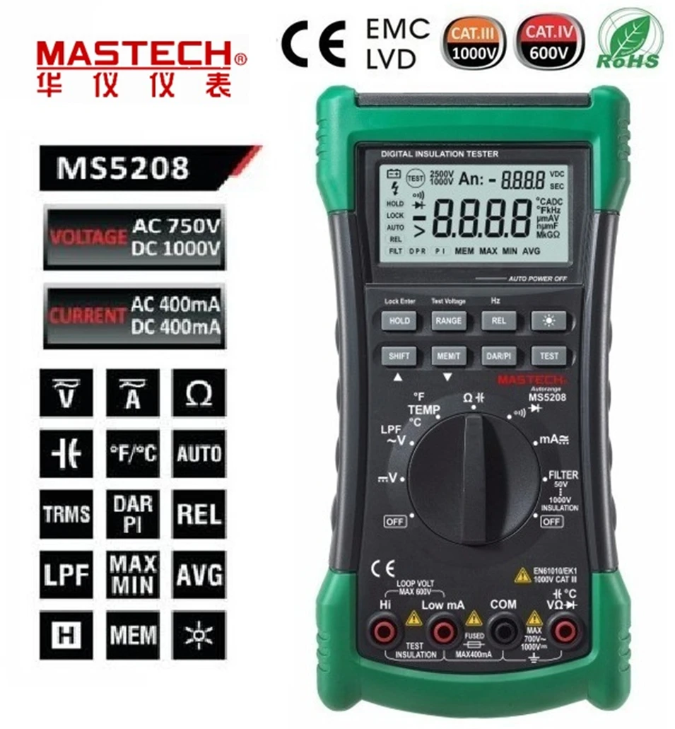 

MASTECH MS5208 6600Counts Digital Multimeter True RMS AC Voltage Current Temperature Tester Megger Insulation Resistance Meter