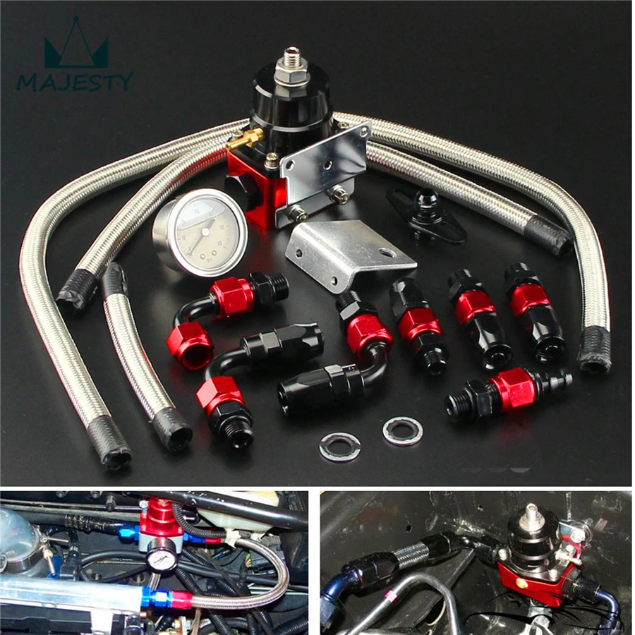 

Adjustable Fuel Pressure Regulator Gauge Kit BLACK +RED Fittings With Oil Line