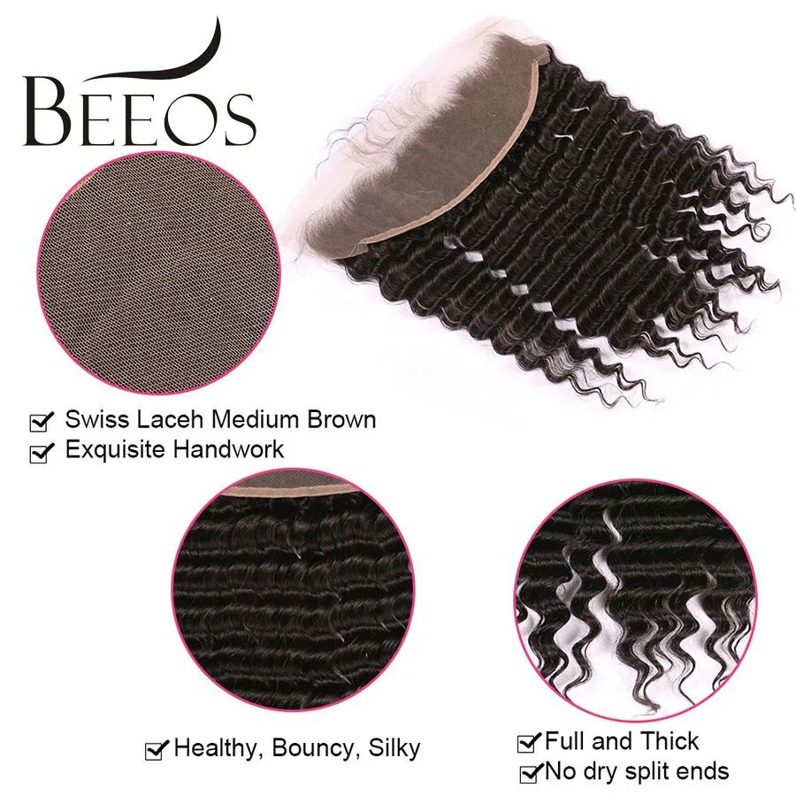 BEEOS Peruvian Deep Wave 13*4 Lace Frontal Remy Hair Pre Plucked Frontal Closure With Baby Hair Ear To Ear Swiss Lace