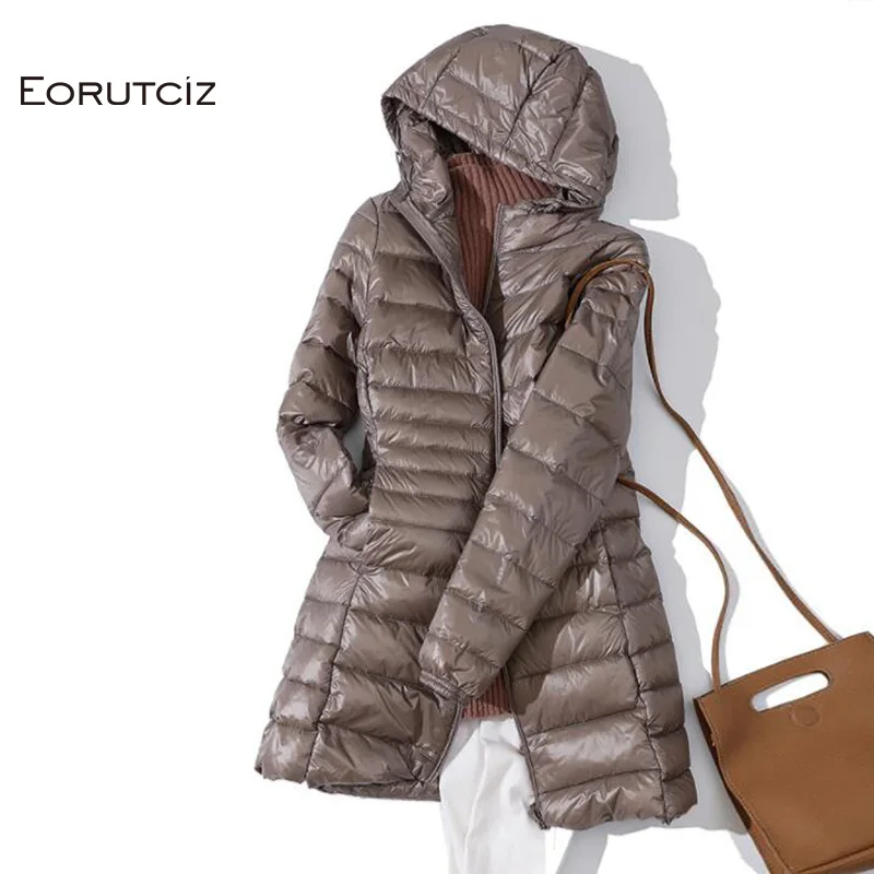 

EORUTCIZ Winter Long Down Coat Women Plus Size 7XL Ultra Light Warm Hoodie Jacket Vintage Black Autumn Duck Down Coat LM171