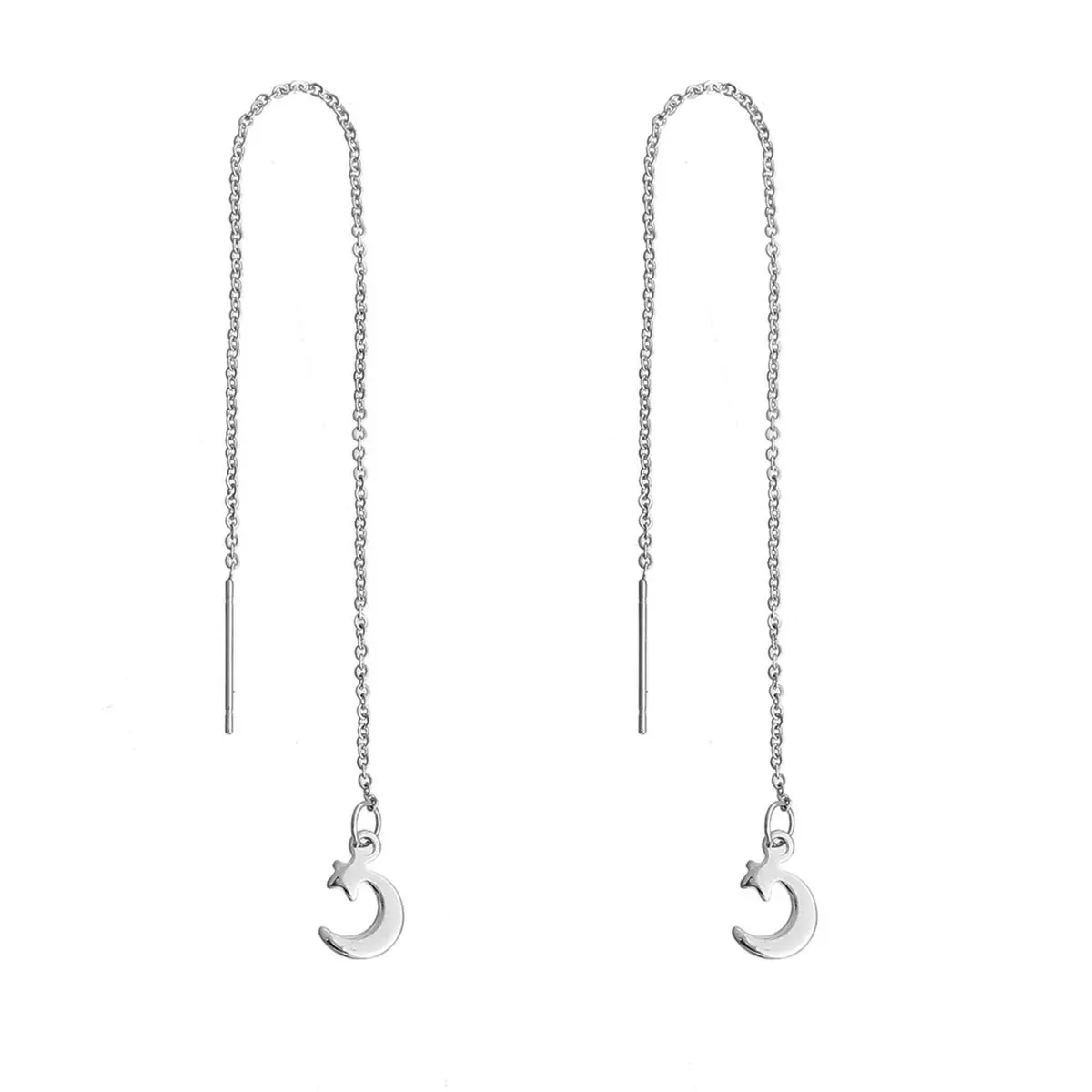 

Doreen Box Stainless Steel Ear Thread Threader Earring Silver Tone Half Moon Star 14.2cm(5 5/8")long,1 Pair 2017 new