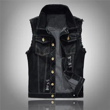 

New Men jacket vest coat pure color Tide of cultivate one's morality men black denim vest men vest tank top big hole vest