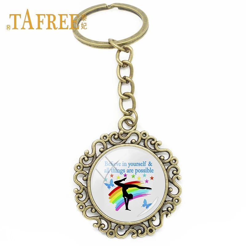 

TAFREE Vintage customize Hollow Flower Key Chain Love gymnastics Glass Dome Photo Keychain sports Club souvenir Jewelry GY064
