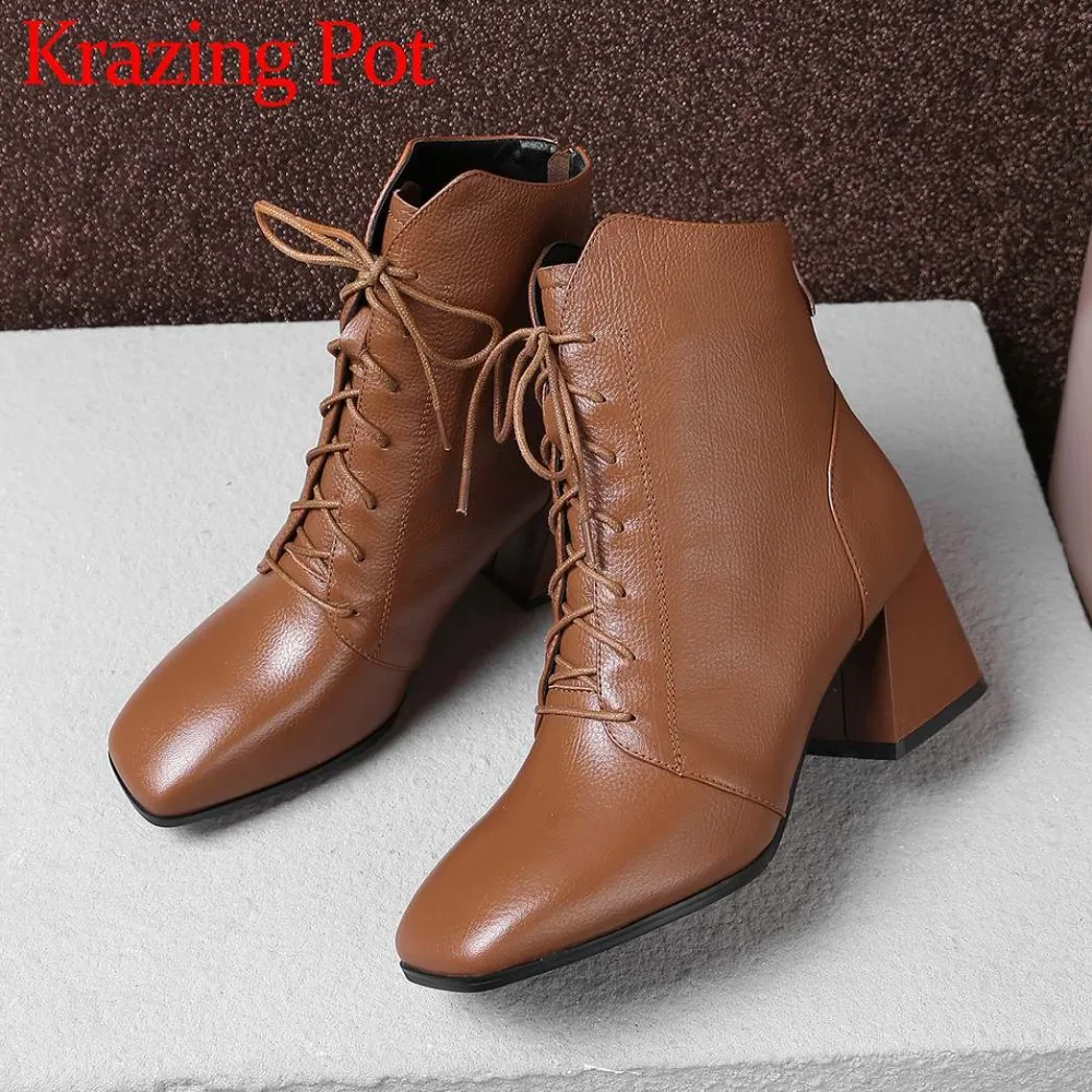 

European style real cow leather vintage square toe thick high heels zip big size british style fashion winter ankle boots L09