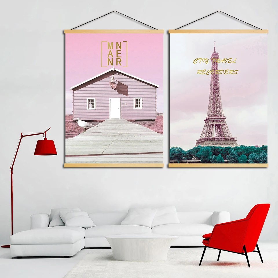 Home-Decoration-Nordic-Wall-Artwork-Log-Cabin-Paris-Tower-Painting-Letter-Solid-Wood-Hanging-Scrolls-Canvas