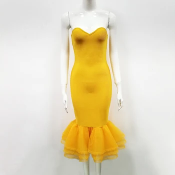 

Summer Dress WomenSexy Strapless Rayon White Orange Bandage Dress Elegant Designer Fishtail Celebrity Party Dress