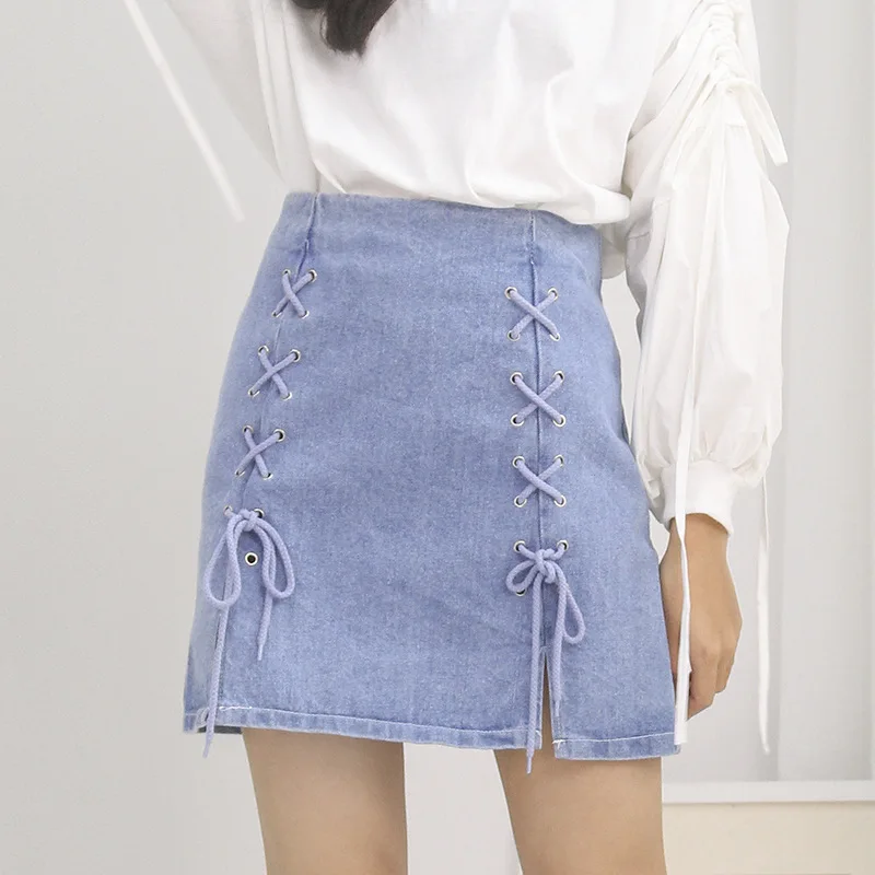Casual Lace Up Blue Light Wash Mini Pencil Skirt 2018 Sexy