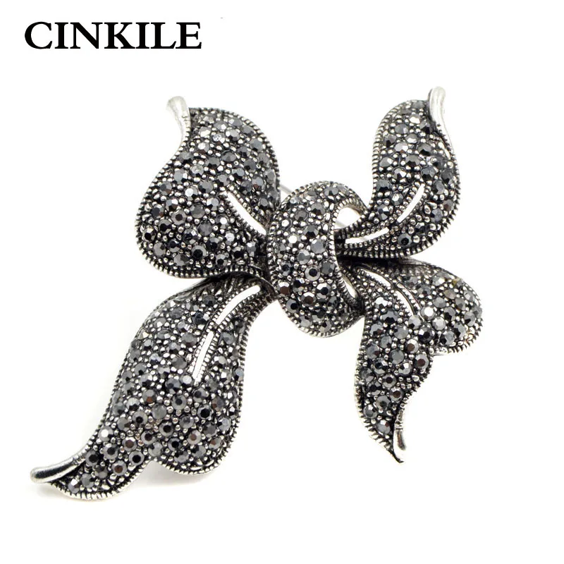 

CINKILE Rhinestone Black Bow Brooches for Women Vintage Fashion Jewelry Antique Silver Plated Personalized Broches Good Gift