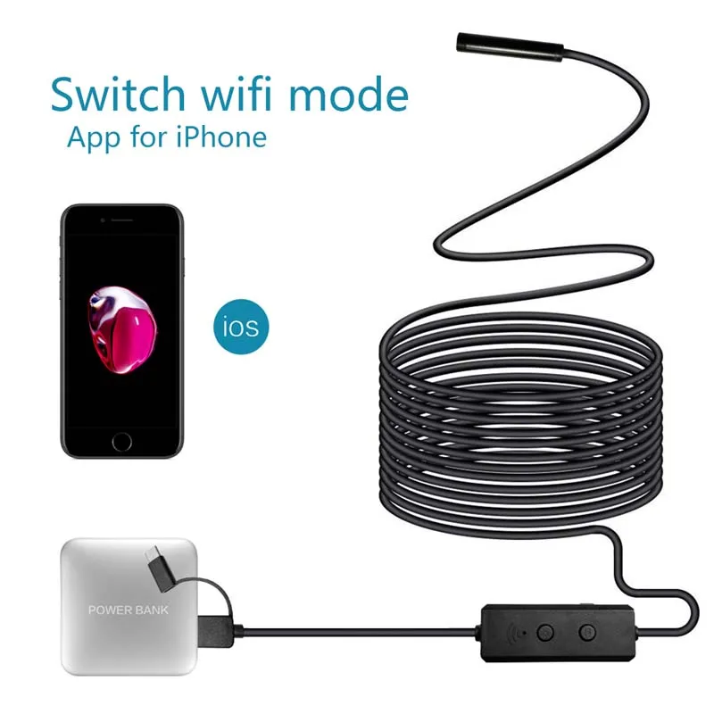 5-F160 WiFi Endoscope Camera No battery No charging 8mm Lens HD720P 1M2M3.5M5M Soft Hard Cable wireless inspection borescope