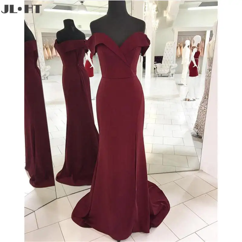 

Elegant Burgundy Off Shoulder Evening Dress Prom Gown Pleats Elastic Satin Short Sleeve Mermaid Evening Dresses Custom Made