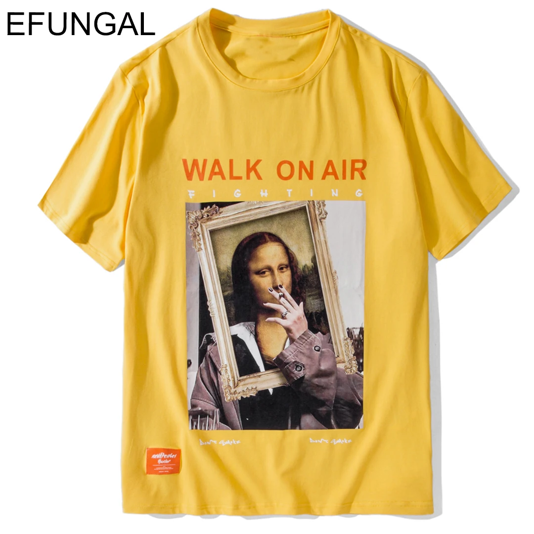 

EFUNGAL Smoking Mona Lisa T Shirt Men Women Funny Short Sleeve 2019 Summer Fashion Streetwear Hip Hop T-shirts Casual Tops Tees