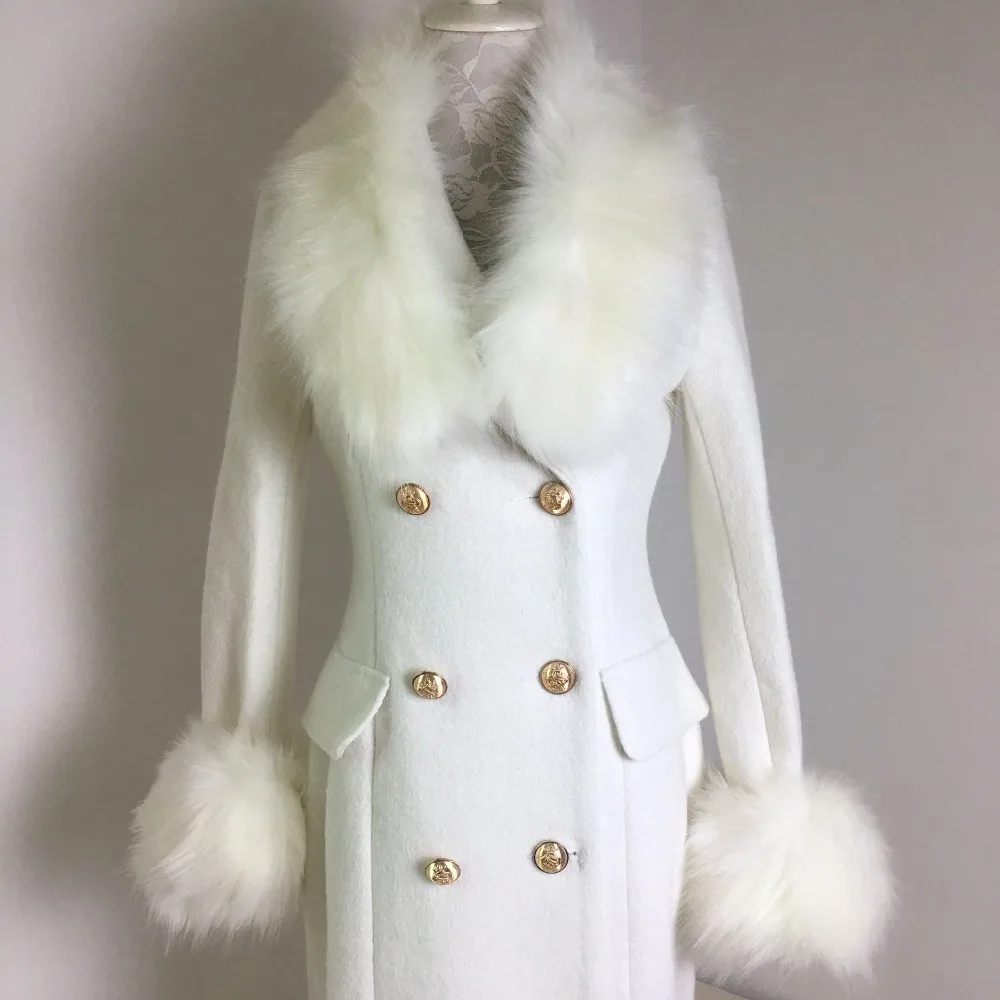Зимнее модное женское Шерстяное Пальто с большим меховым воротником, белое шерстяное пальто, двубортное тонкое длинное шерстяное пальто