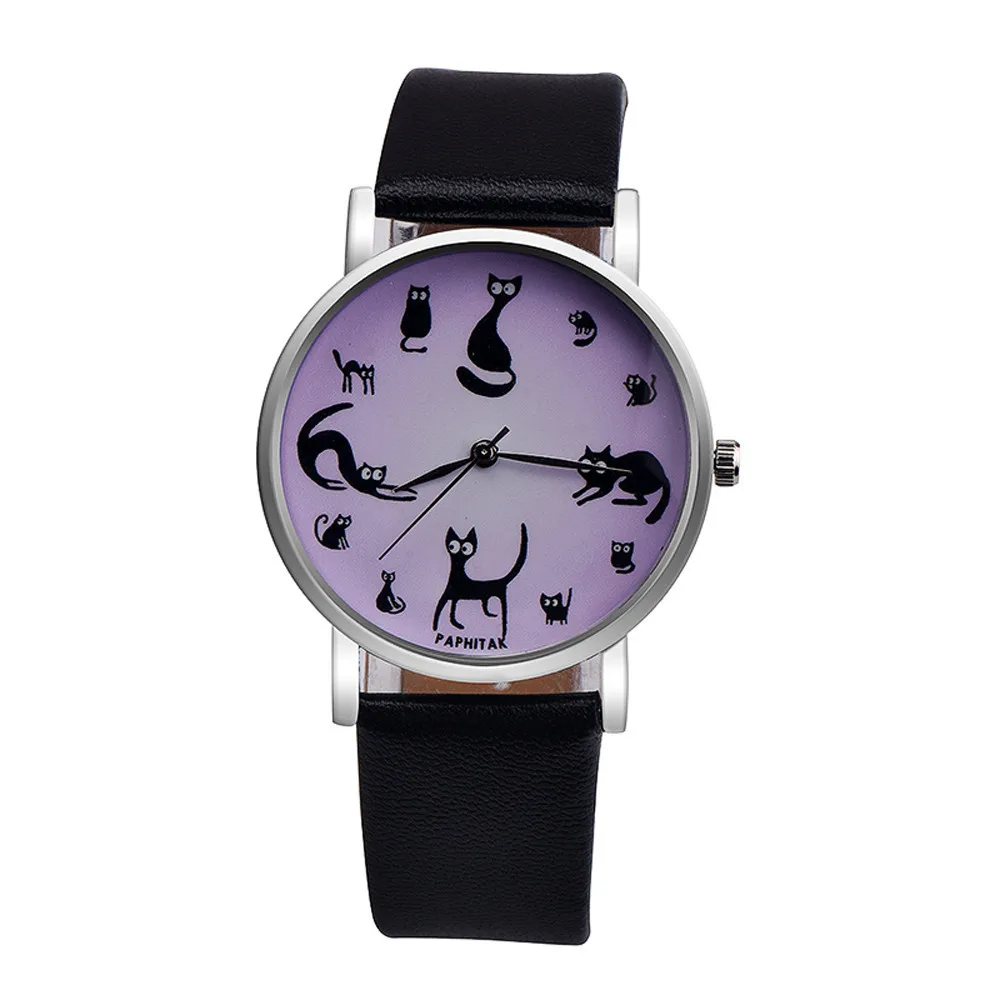 Montre femme 2019 модные брендовые женские часы с милым котом кожаные под платье