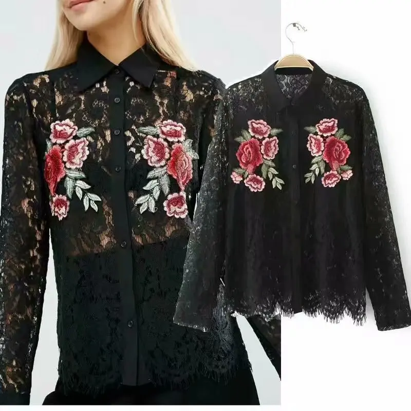 

Spring Autumn 2019 New Women's Fashion Hundred Skinny Lapel Long Sleeve Lace Turn-down Collar Embroidered Shirt