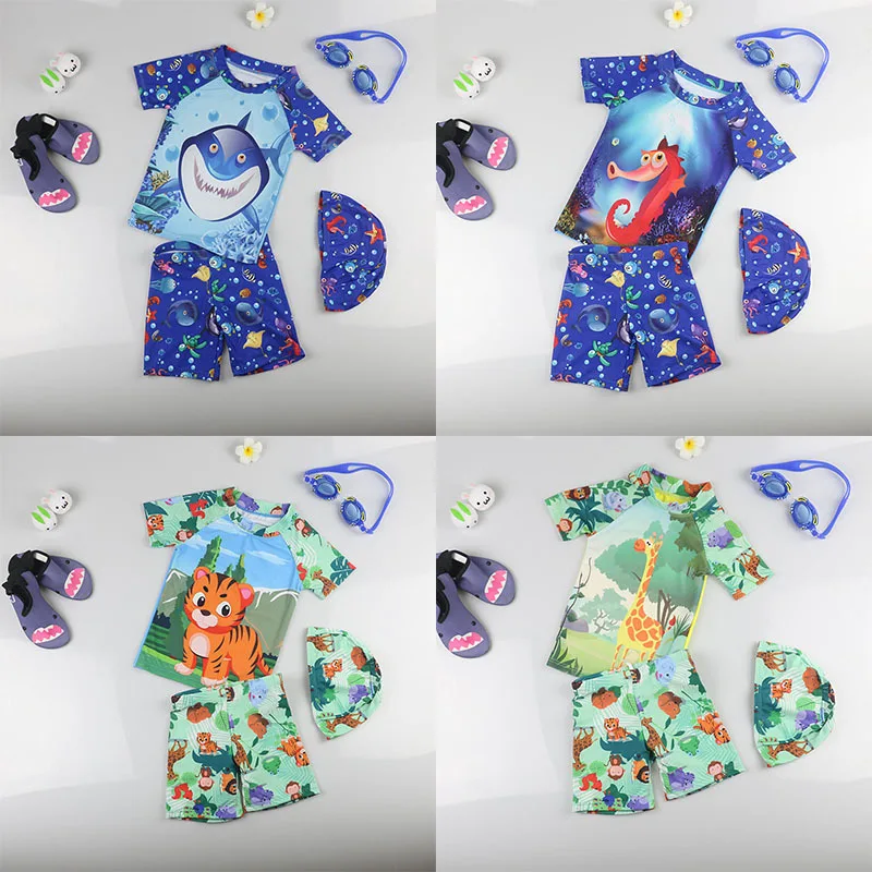 

Children's Sun Protection Swimsuit Kids Seasides Beach Short Seelve Swimsuits Cartoon Animals Two Pieces Surfing Suit With Cap