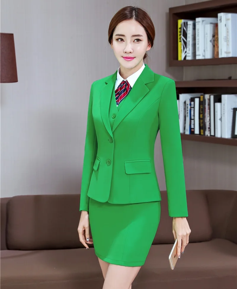 Формальный зеленый Блейзер женские деловые костюмы с 3 шт жилет, юбка и куртка наборы Офисная Женская рабочая одежда стили