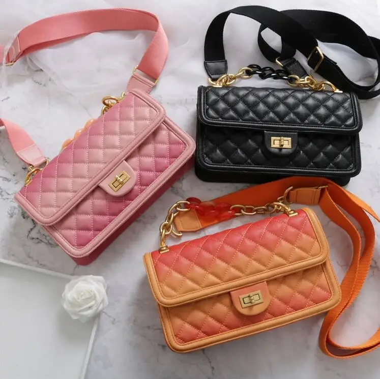 

Gradient Color Girl Messenger Bags Acrylic Handle Double use Brand Handbags For Lady cowhide Lozenge Female Summer