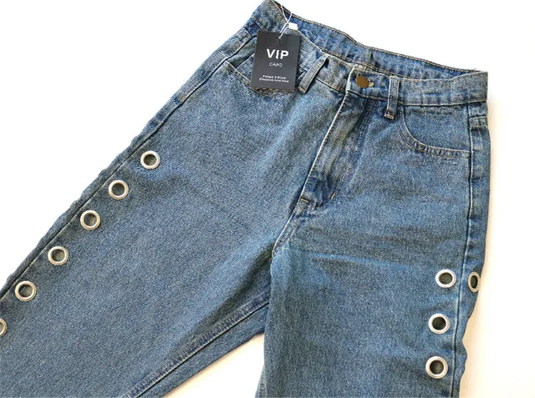 Women's Street 2018 New Europe and America BF Wind High Waist Loose Pants Rivets Openwork Metallic Eyes Jeans (11)