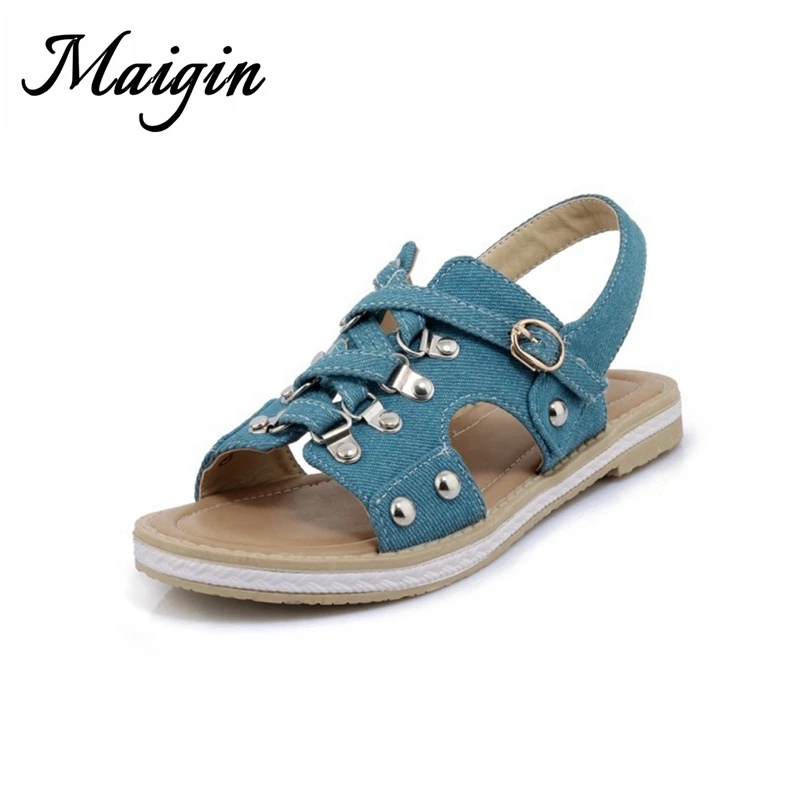 Maigin Denim Navy Blue Women Sandals 2018 New Fashion Open Toe Flat Sandals Rivet Women Foowear Buckle Strap Summer Beach Shoes