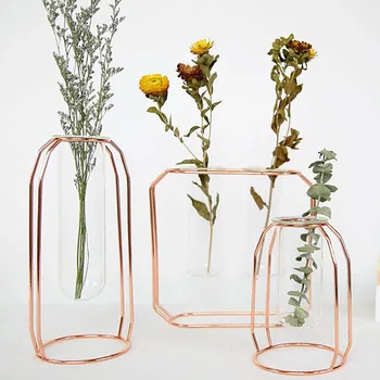 

Nordic Style Glass Iron Art Vase Set Rose Gold Geometric Shape Flowerpot Home Table Ornaments Wedding Decoration Accessories