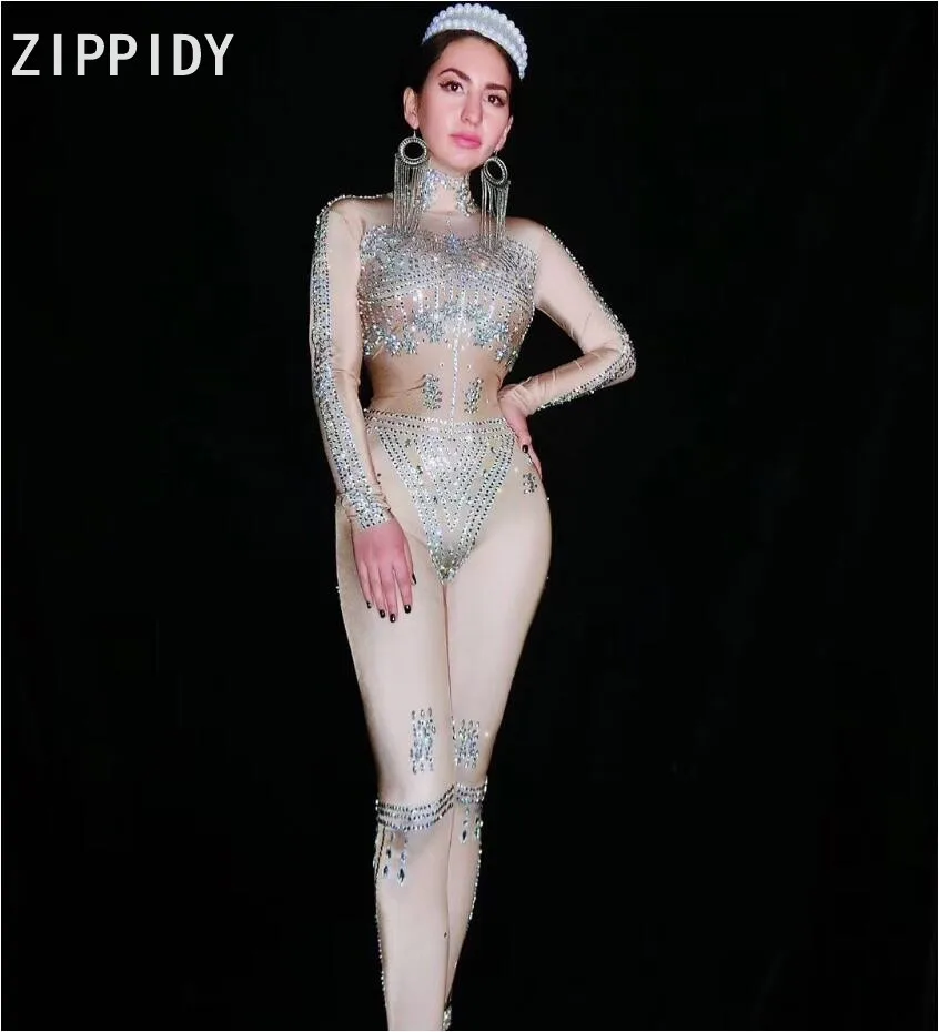 

Silver Rhinestones Long Sleeves Jumpsuit Women Singer Dancer Bar Stage Outfit Prom Birthday Celebrate Bodysuit Outfit