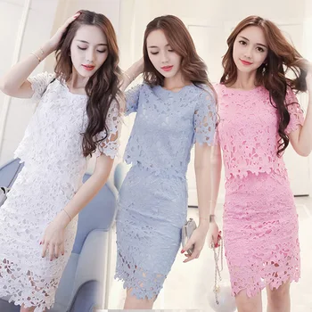 

Fashion Temperament Summer Costumes For Women Thin Hollow Lace Skirt Set Elegant Office Lady Wild Survetement Femme 2 Piece
