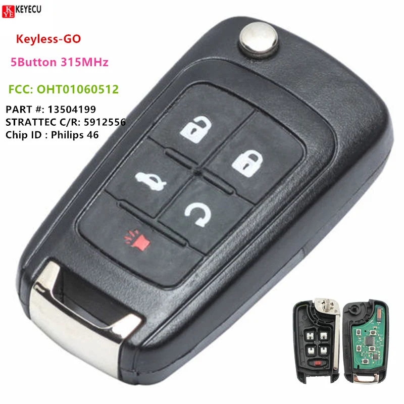 

Keyecu Keyless-GO Function Remote Key Fob 5Button 315MHz for Chevrolet 2010-2016 Camaro Cruze Equinox Malibu FCC:OHT01060512