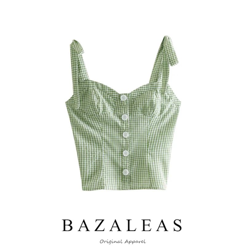 

Bazaleas Fashion Tartan Green women Tops Vintage Adjust Spaghetti Strap women Camisole Sexy Buttons Tank Top drop shipping