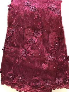 

2020 New African Lace Fabric with bead High Quality 3D Flower French Net Wedding Nigeria Embroidered Party Dress ELL3390 wine