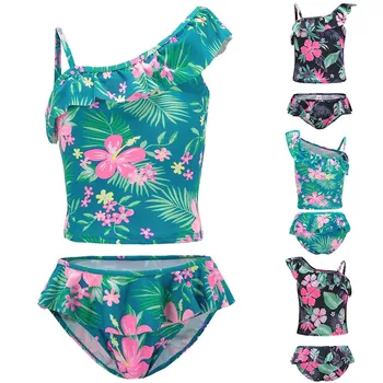 

2019 Hot new Kids Girl Washable Ruffles baby swimwear Floral Print Swimwear green Outfits bikini baby swimwear Set playa bebe