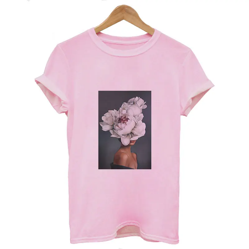 Новинка, Женский Топ Харадзюку с эстетическим художественным принтом, сексуальные футболки с цветочным принтом и коротким рукавом, летние топы, модные повседневные футболки Tumblr - Цвет: 1674-Pink