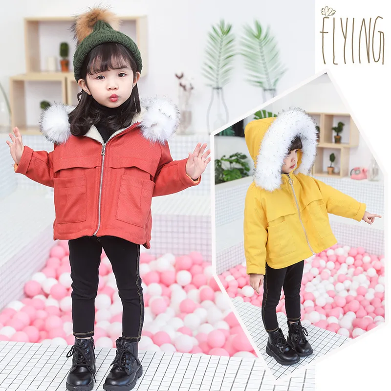 

Winter Girls Coat Jacket Fur Hooded Warm Plus Velvet Thick Children's Jacket Zipper Pocket Girls Clothes Outwear For 2-8Yrs