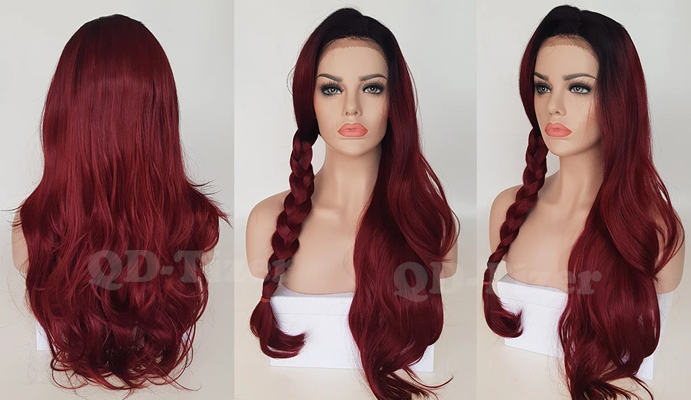 QD-Tizer Burg Ombre Wavy Hair Fashion Color Heat Resistant Synthetic Lace Front Wigs Glueless Free Part Wigs for Women6