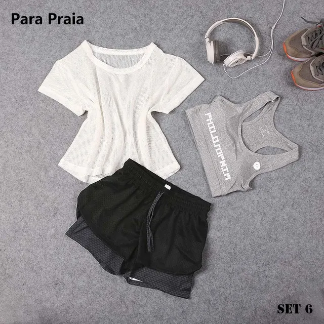 Para Praia Sportswear Three Piece Yoga Set Sport Shirt Women Sport bra Fitness Pants Leggings Tracksuit Gym Leggings 23 Colours