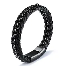 Granng chic Punk Black Braid Leather Bracelet Black Beads Stainless Steel Bracelet Bangle for Men Jewelry Fashion Wristband chic faux leather bracelet jewelry for women