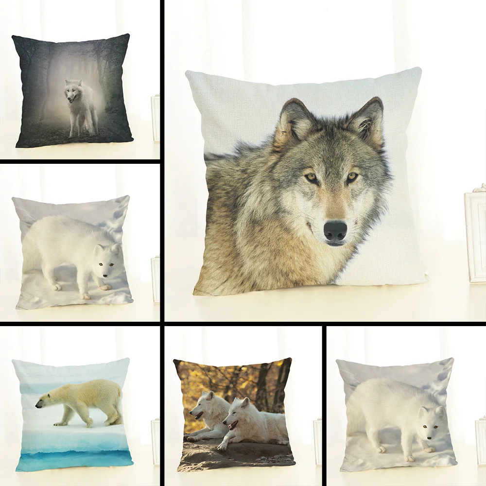 

3D Wolfs Cushion Covers Pillowcases Wild Polar Bear Seat Sofa Pillow Cover Linen Cotton Square Leisure Decor Cushion Cover