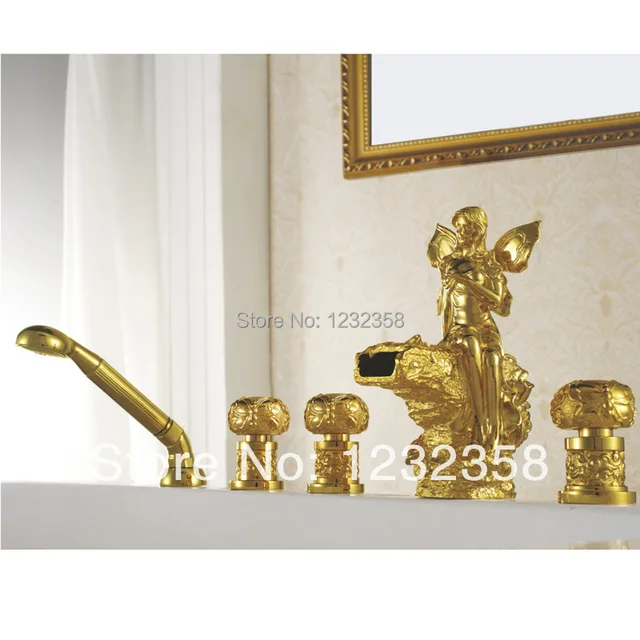 Free shipping gold pvd FAIRY ANGEL 5 pieces widespread waterfall Jacuzzi tub faucet BATHTUB