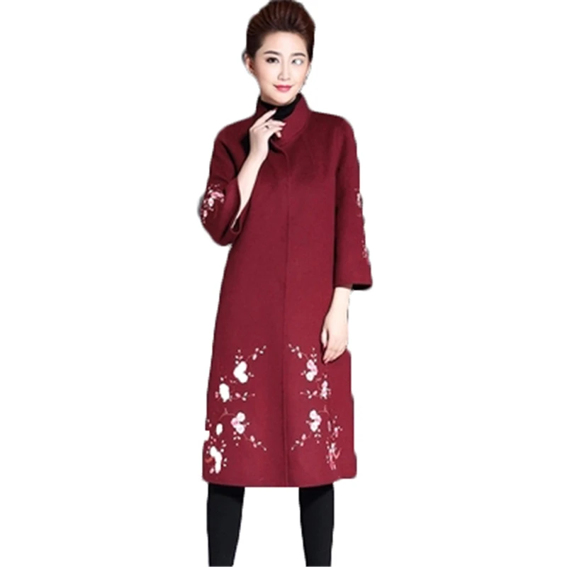

M-5XL2018 New Winter Female Vintage Woolen Coat Embroidery Loose Women's Overcoat Women Woolen clothing Outerwear J901