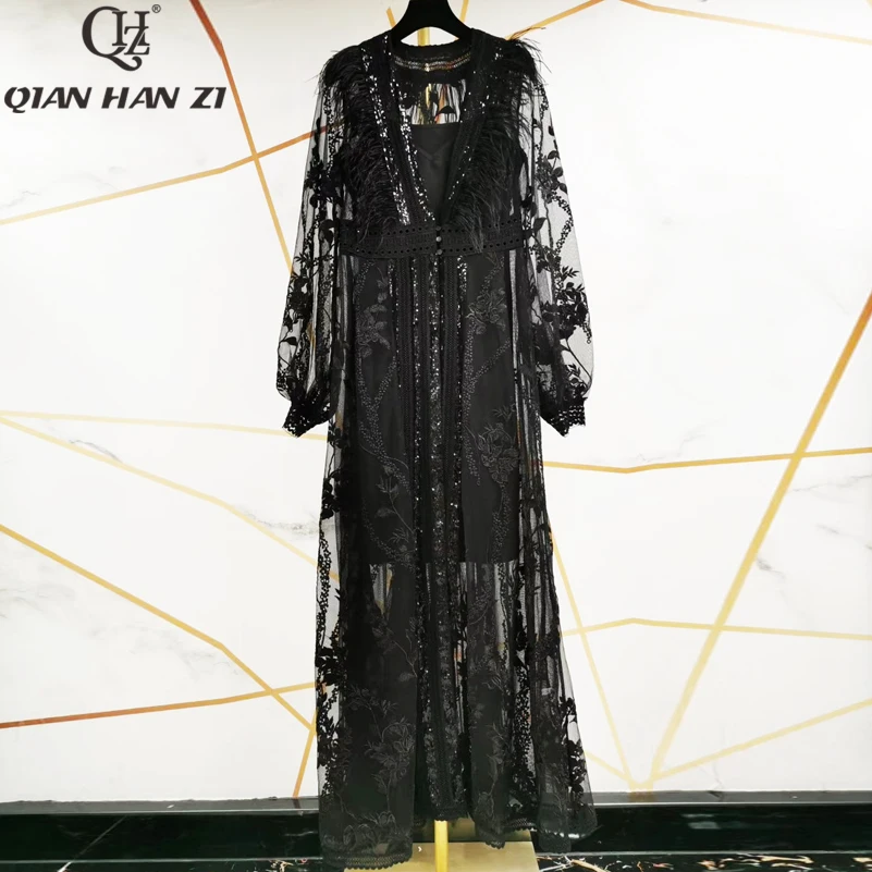 

Qian Han Zi Autumn Fashion Runway Maxi Dress Women's Lantern Sleeve V-neck Feather Robe Vintage Sequins Embroidered long Dress