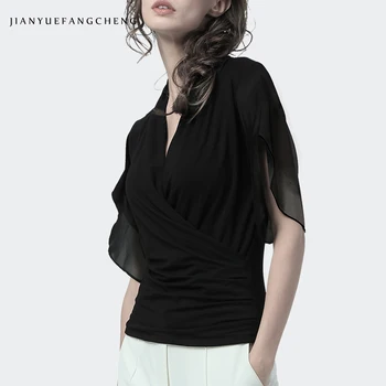 

Fashion Ladies Office Tops Sexy V Neck Women Shirts Summer Plus Size Short Sleeve Black Chiffon Blouses Women Clothes 2018