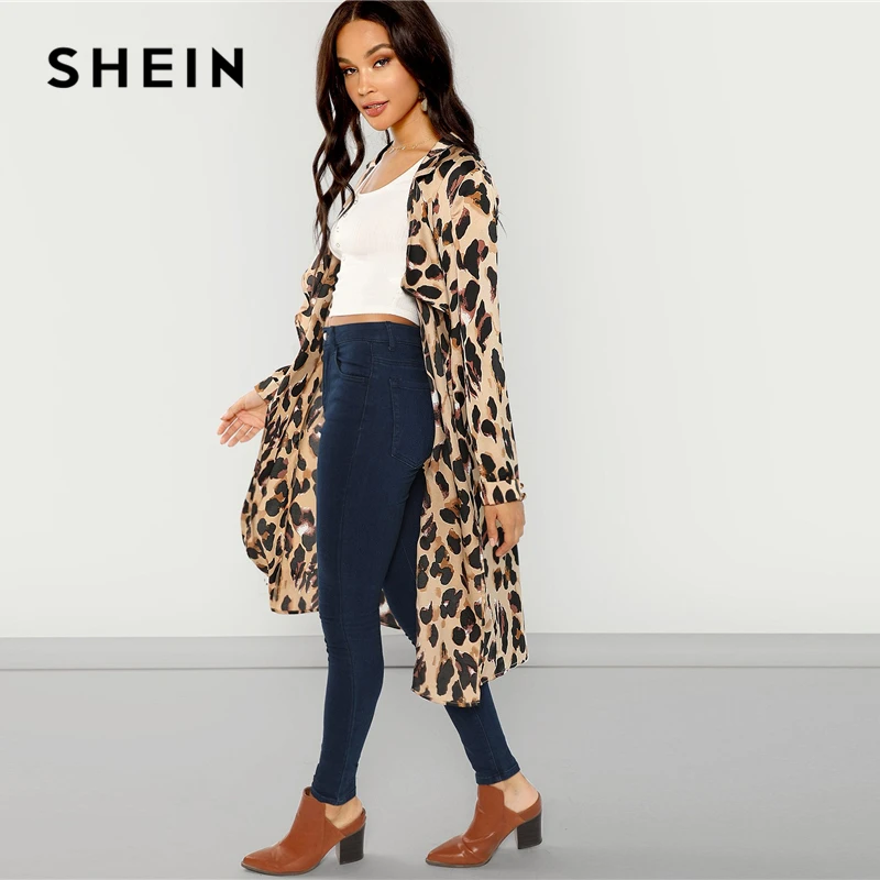 SHEIN Легкое Пальто С Леопардовым Принтом И Длинным Рукавом Модный Кардиган