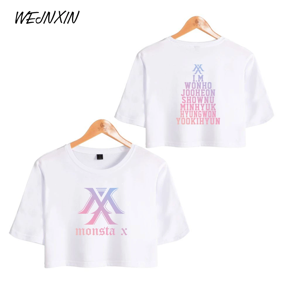 

VAGROVSY MONSTA X KPOP Member Name Crop Tops Women Harajuku Pullover Short Sleeve Summer Cotton T-shirt Camiseta Feminina