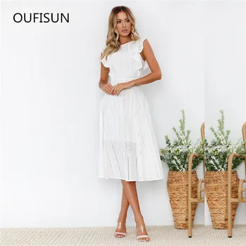 

Oufisun Summer Ruffled Zipper Irregular Lace Dress Women Sexy Solid Sleeveless O Neck Knee Length Lace Dresses Vintage For Femme