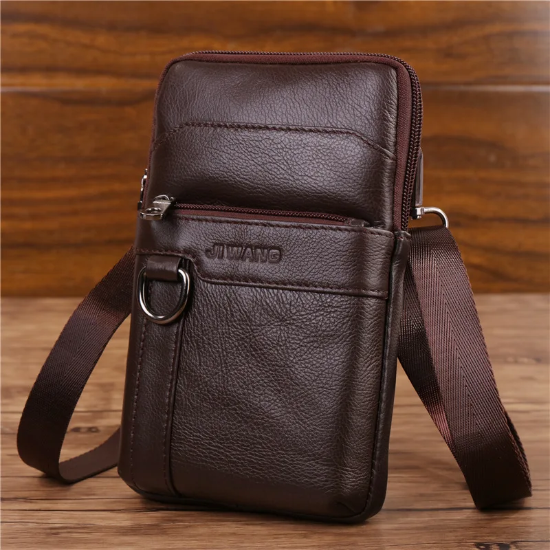 Men Small Messenger Shoulder Thin Fanny Bags Genuine Leather Purse Hook ...