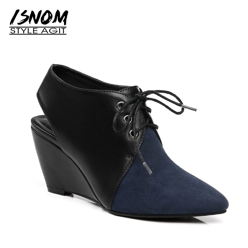 

ISNOM Leather Spring High Heels Women Pumps 2018 New Fashion Lace Up Ladies Office Shoes Pointed Toe Kid Suede Wedges Footwear